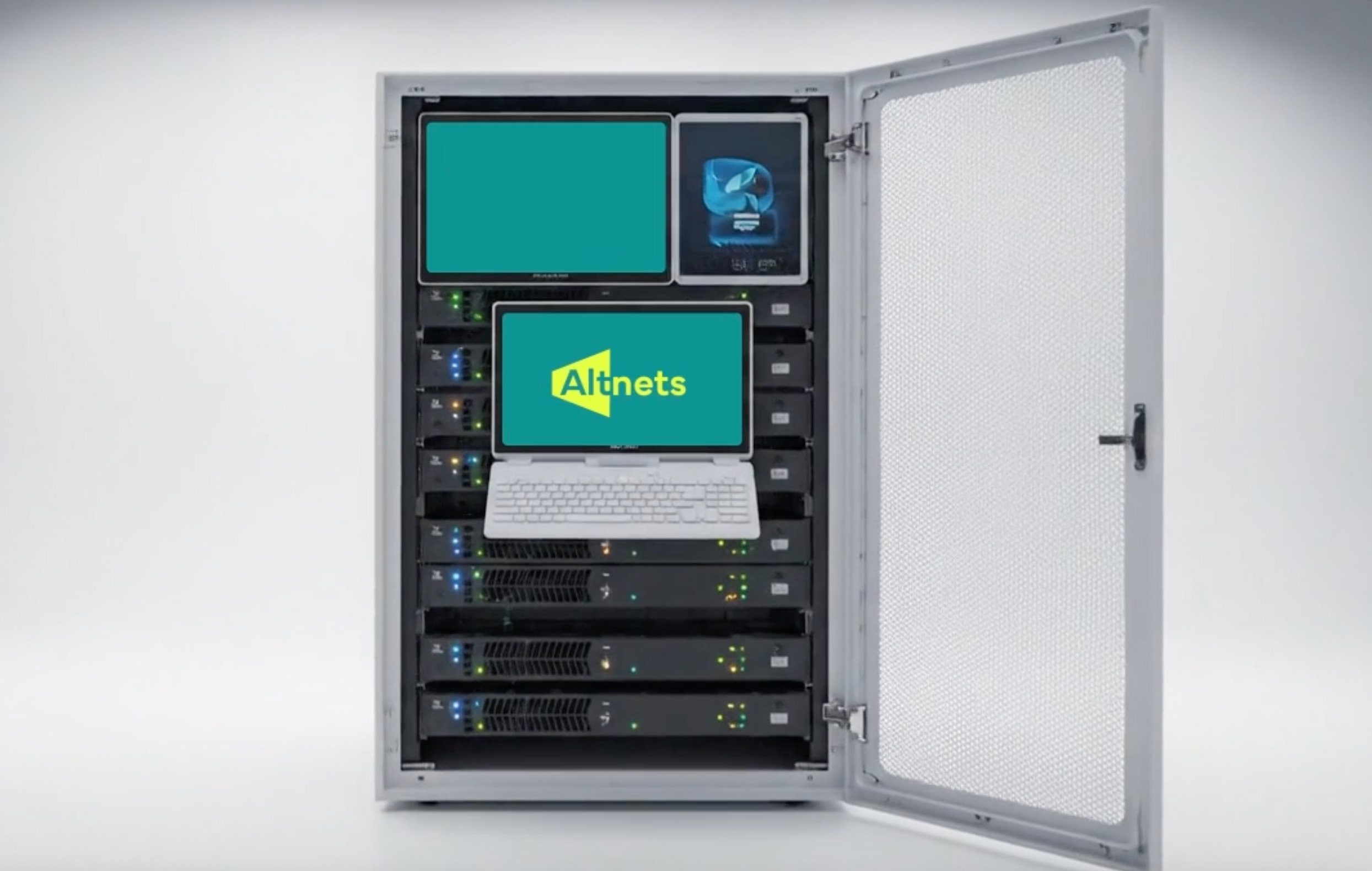 Open server rack cabinet with screens and a laptop showing the Altnets logo.