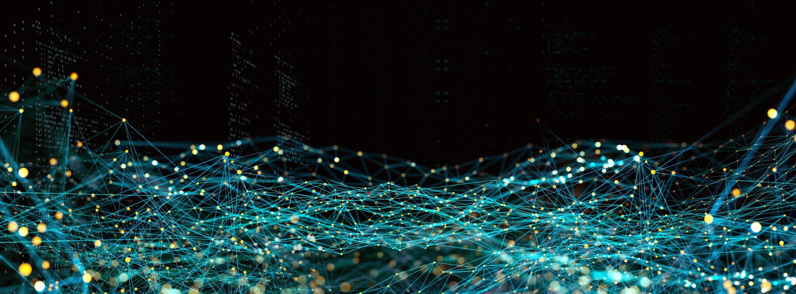 Abstract digital fibre network mesh with glowing nodes.